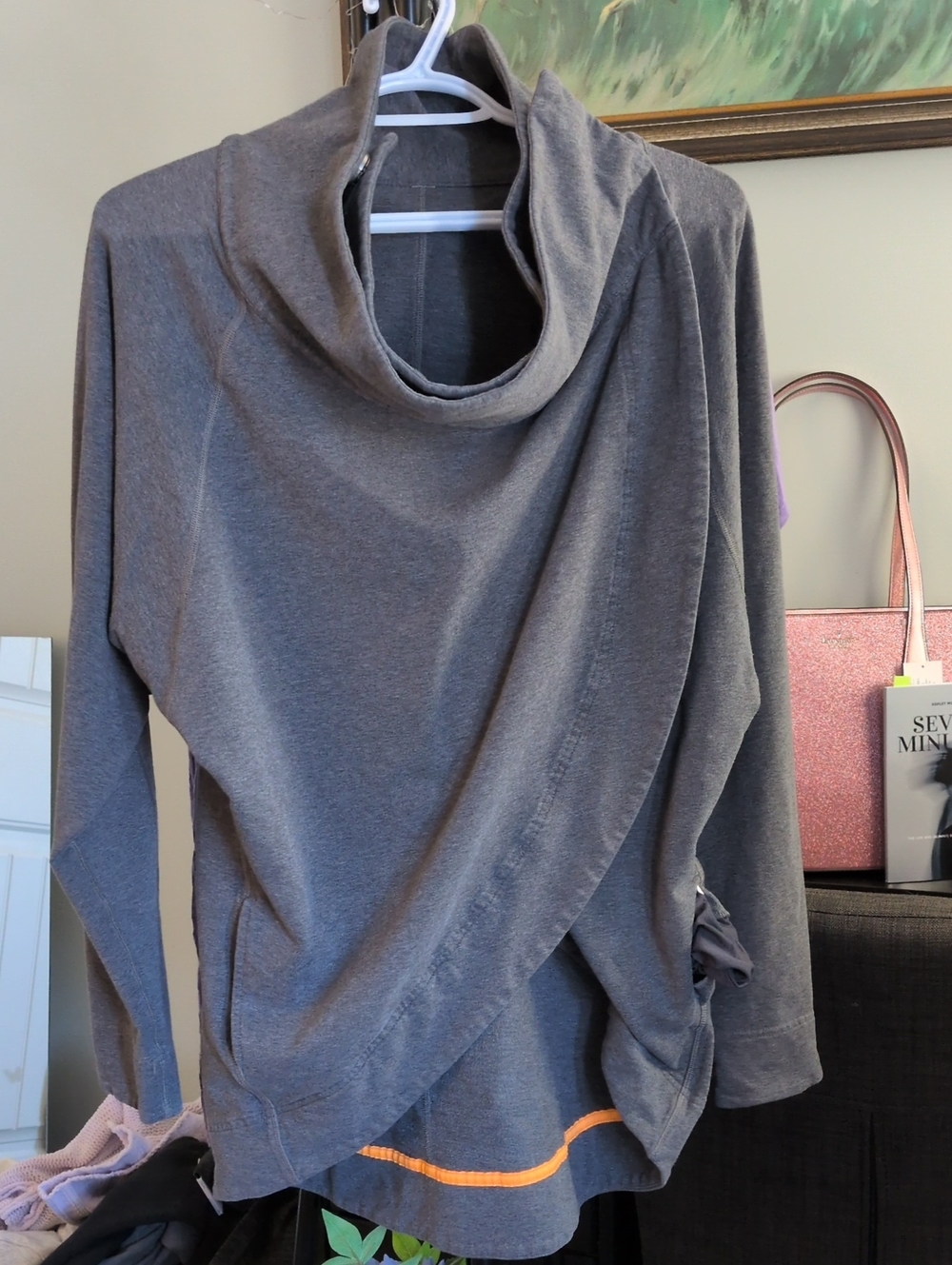 Lululemon Women’s Gray Cowl Neck Sweater with Subtle Orange Trim